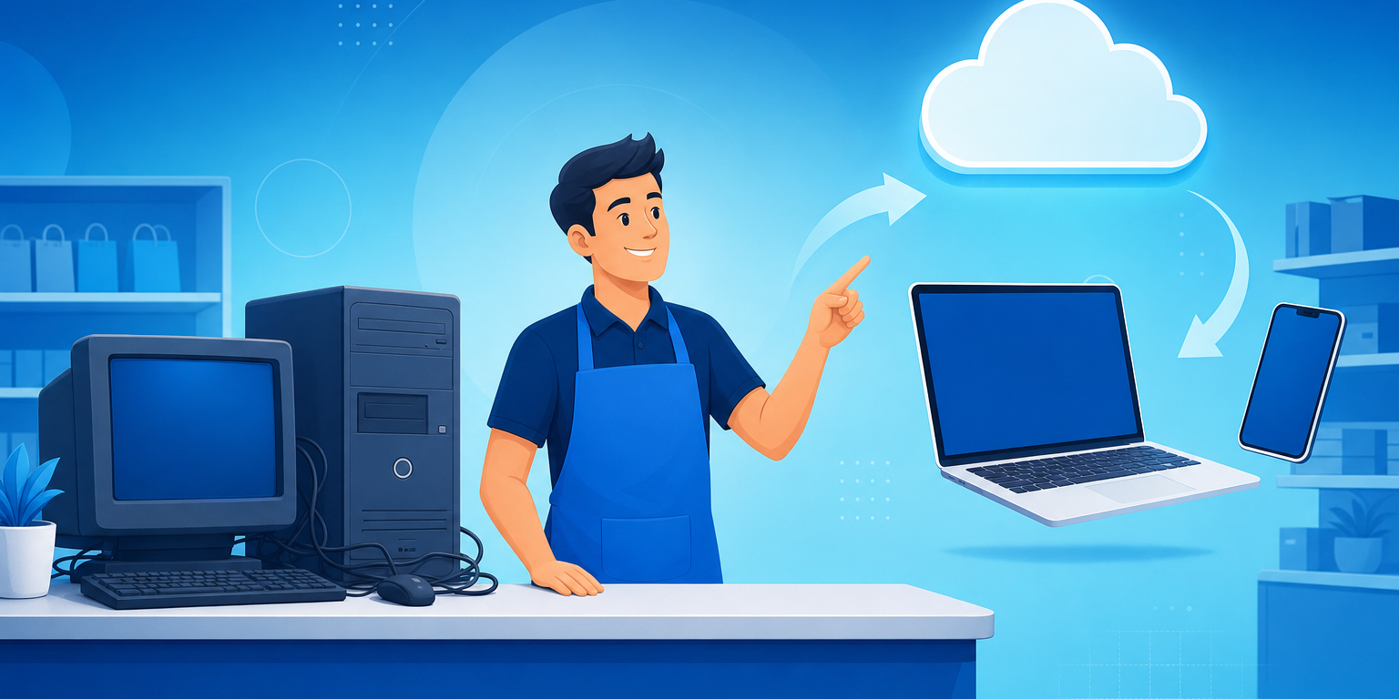 Lojista comparando alternativas ao Gdoor entre um computador de balcão antigo e um sistema em nuvem no caixa da loja física