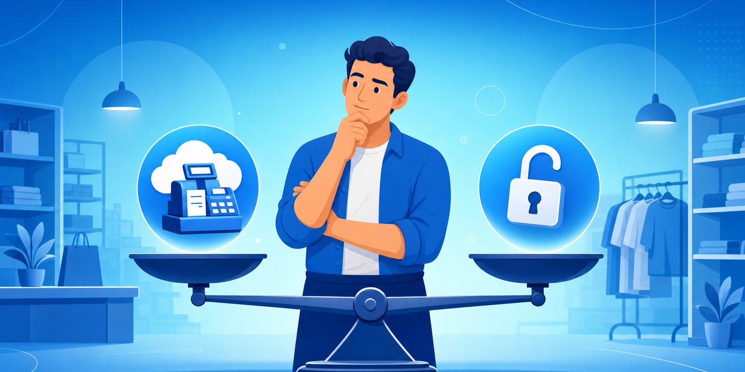 Dono de loja comparando alternativas ao MarketUP em um sistema de gestão no computador do balcão