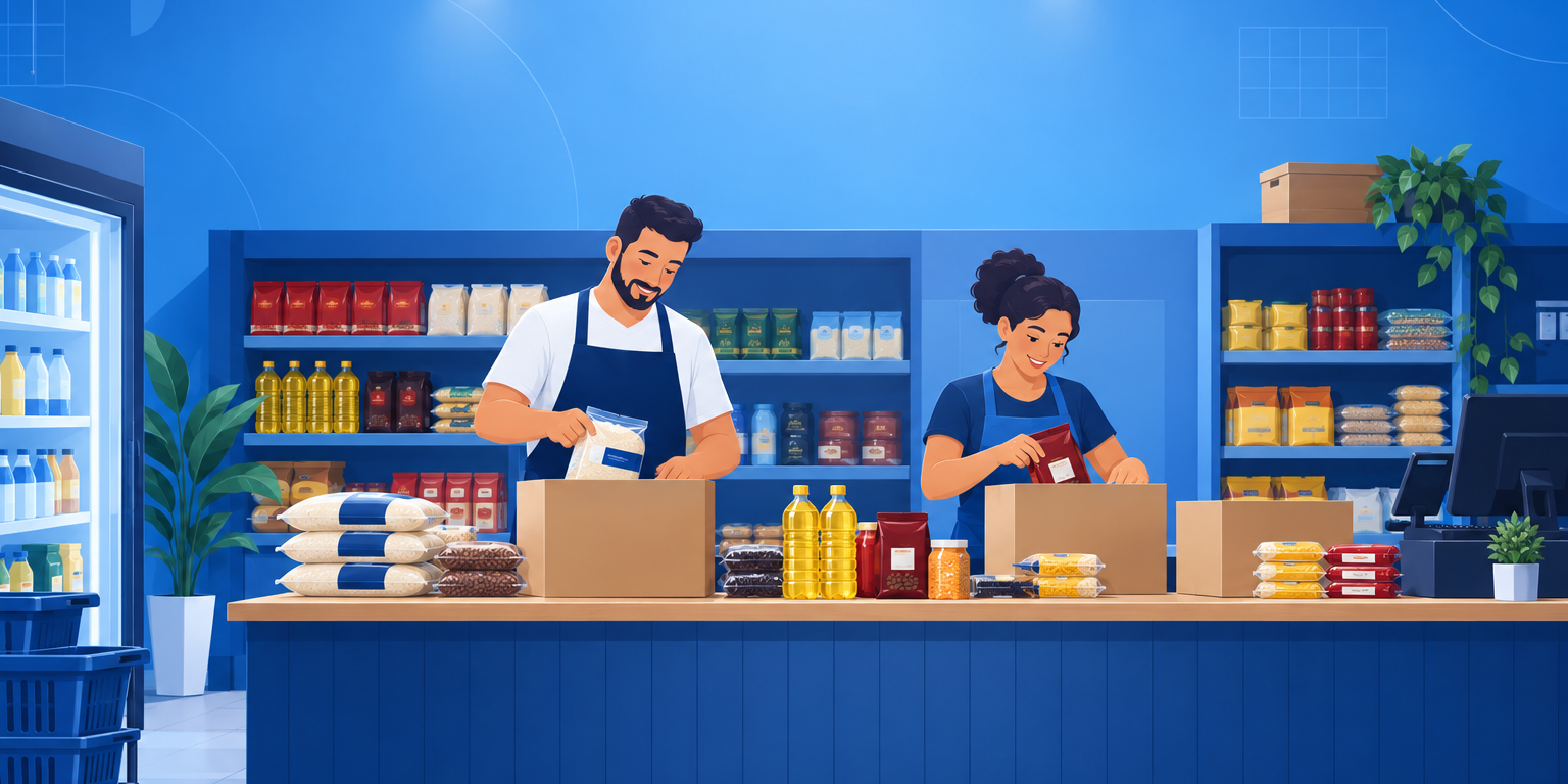Dono de mercadinho montando cestas básicas em caixas de papelão sobre o balcão, com arroz, feijão, óleo e café enfileirados, ilustrando como montar cesta básica para vender