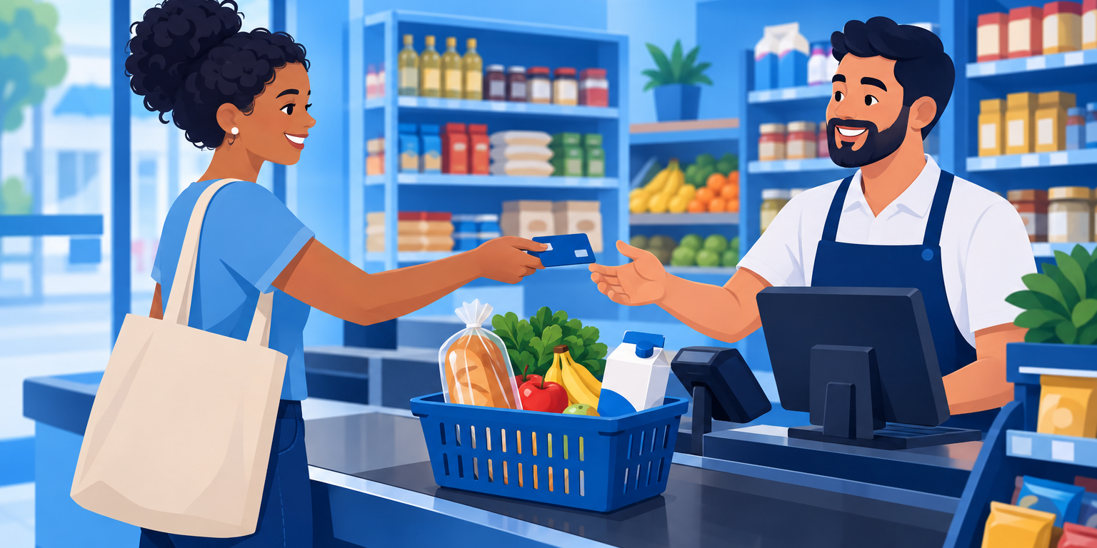 Cliente pagando compras com cartão de vale-alimentação no caixa de um mercadinho de bairro enquanto a operadora passa os itens pela balança
