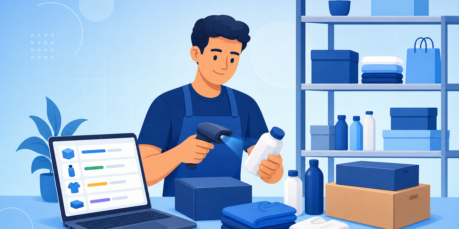 Lojista cadastrando produtos no sistema de gestão com leitor de código de barras e prateleira ao fundo, representando como cadastrar produtos no sistema