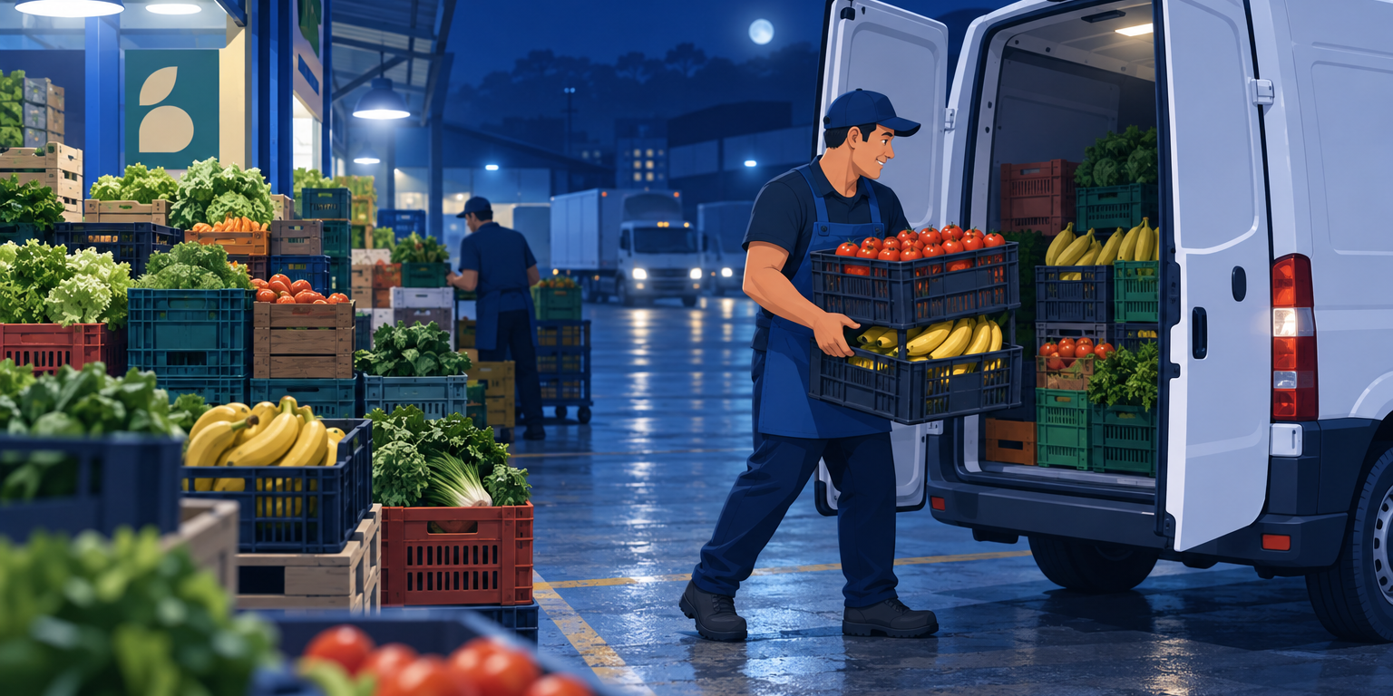 Dono de hortifruti carregando caixas de verduras numa van de madrugada no pátio do CEASA, ilustrando como comprar no CEASA para revender
