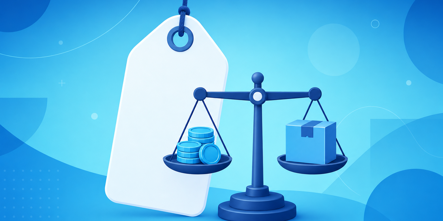 Etiqueta de desconto e calculadora sobre um balcão de loja, representando como dar desconto sem ter prejuízo