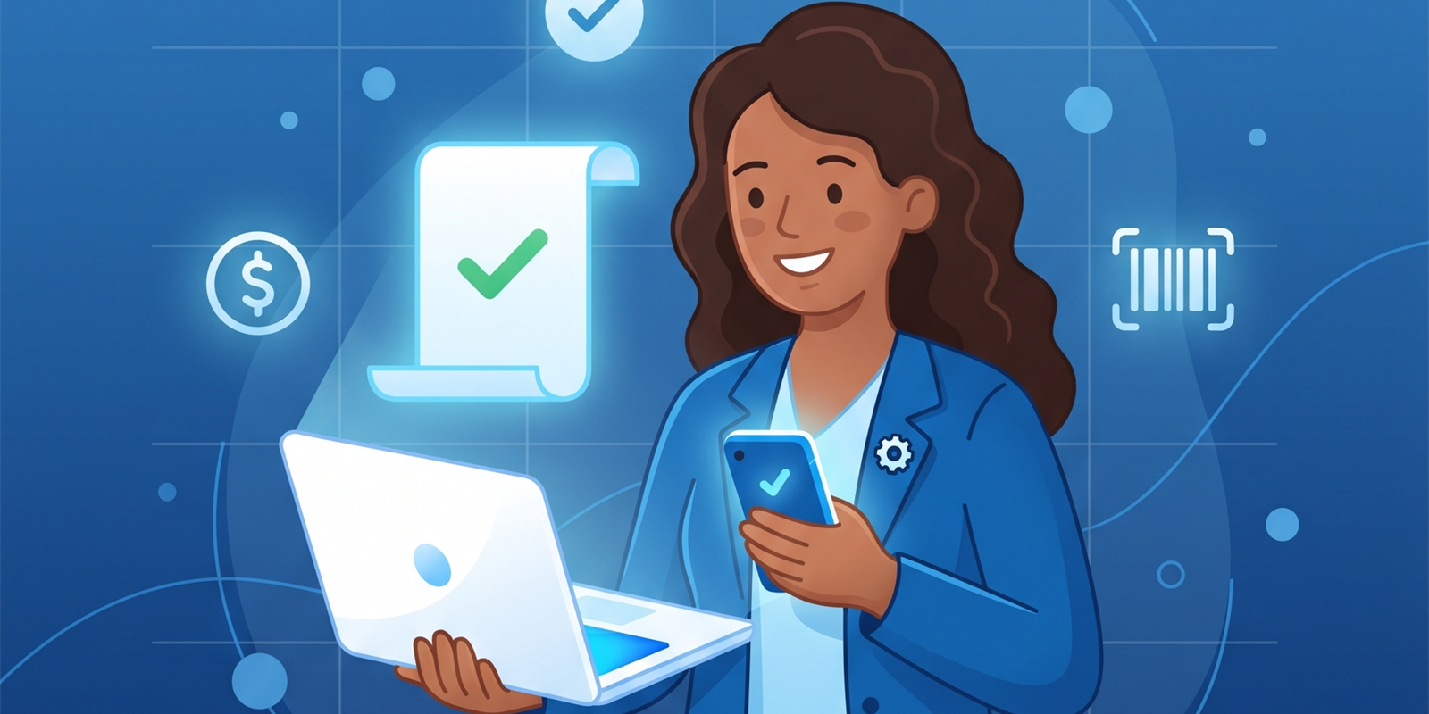 Empreendedora MEI emitindo nota fiscal eletrônica no computador e no celular