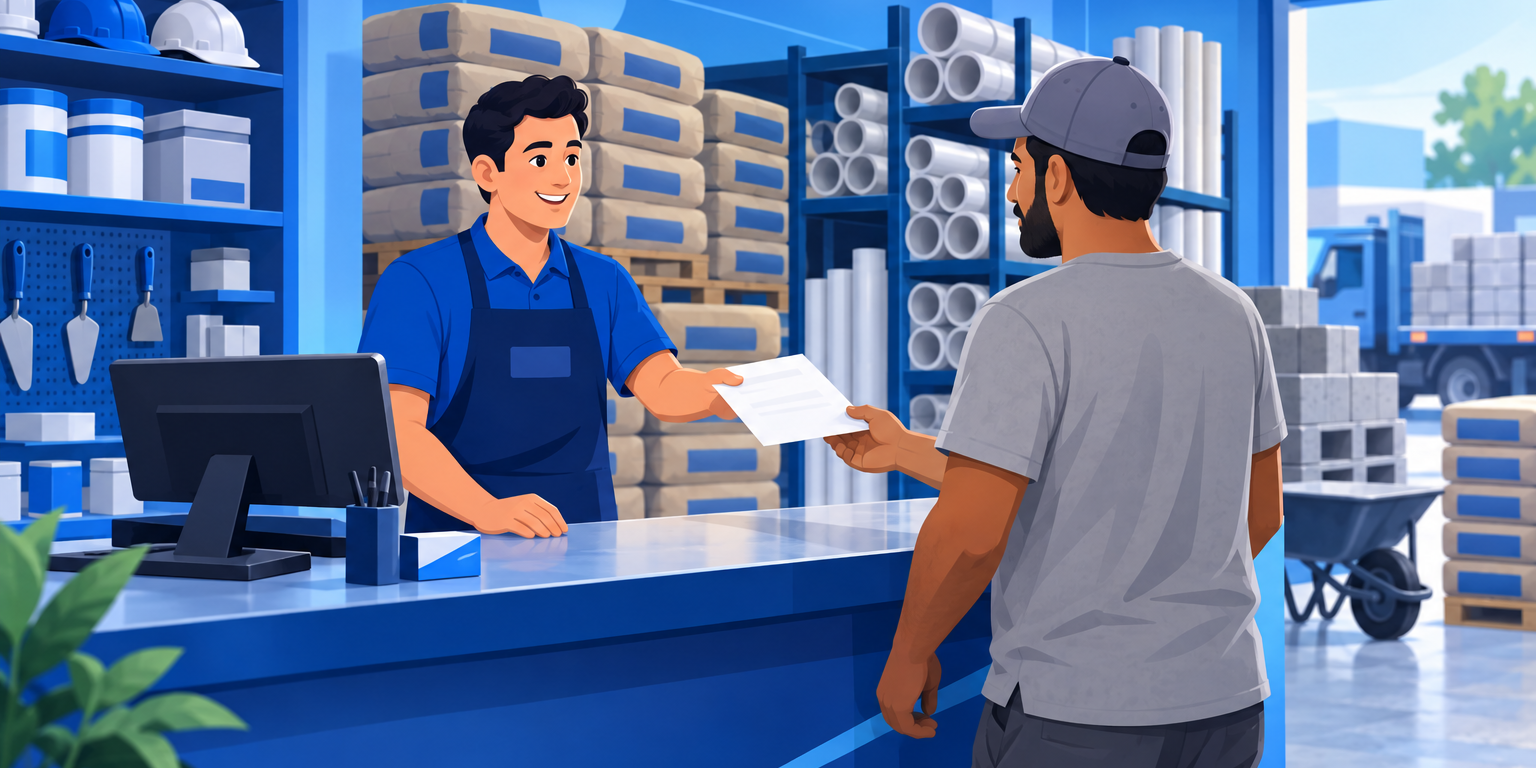 Vendedor de loja de material de construção entregando um orçamento impresso para um cliente no balcão, com a lista de itens ao lado