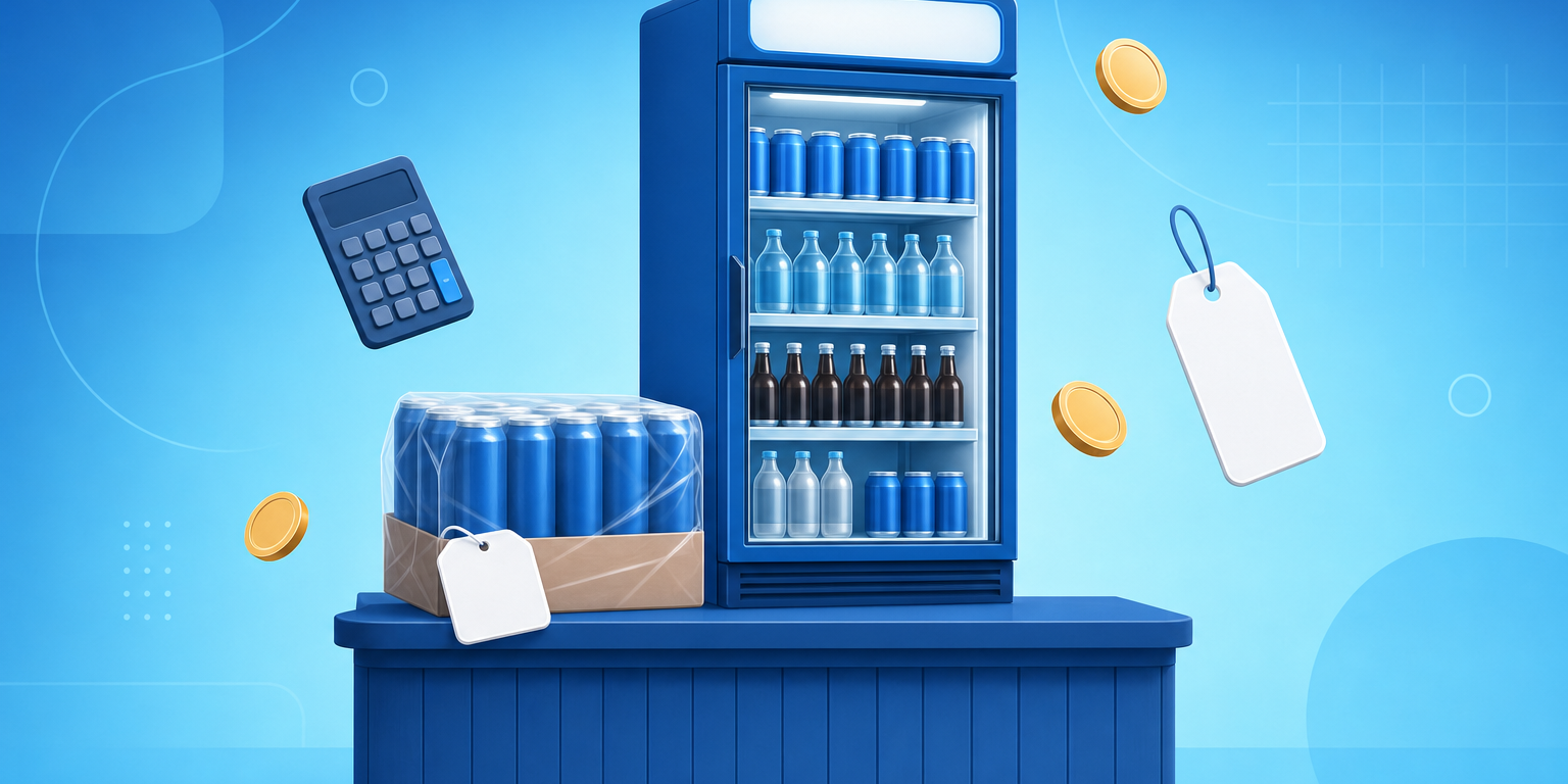 Dono de depósito de bebidas calculando o preço de venda de cervejas e refrigerantes ao lado da geladeira