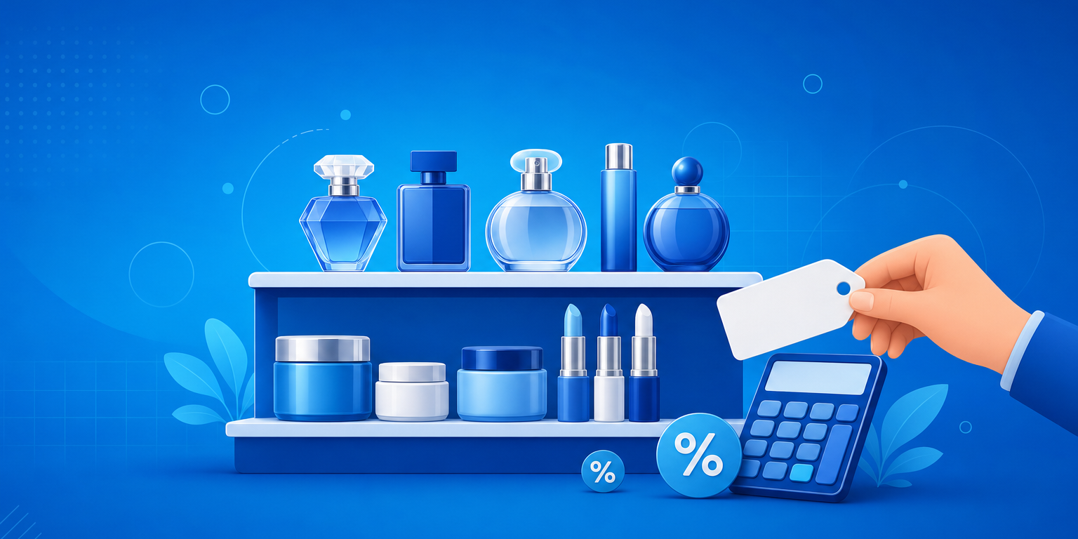 Prateleira de loja de cosméticos e perfumaria com frascos, etiquetas de preço e calculadora, representando como precificar cosméticos