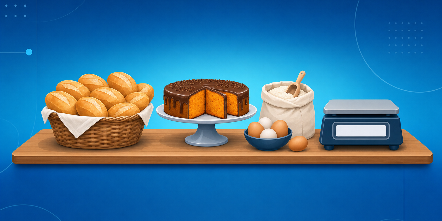 Balcão de padaria com pães franceses, bolo fatiado e calculadora ao lado de um caderno de receitas, ilustrando como precificar pães e bolos