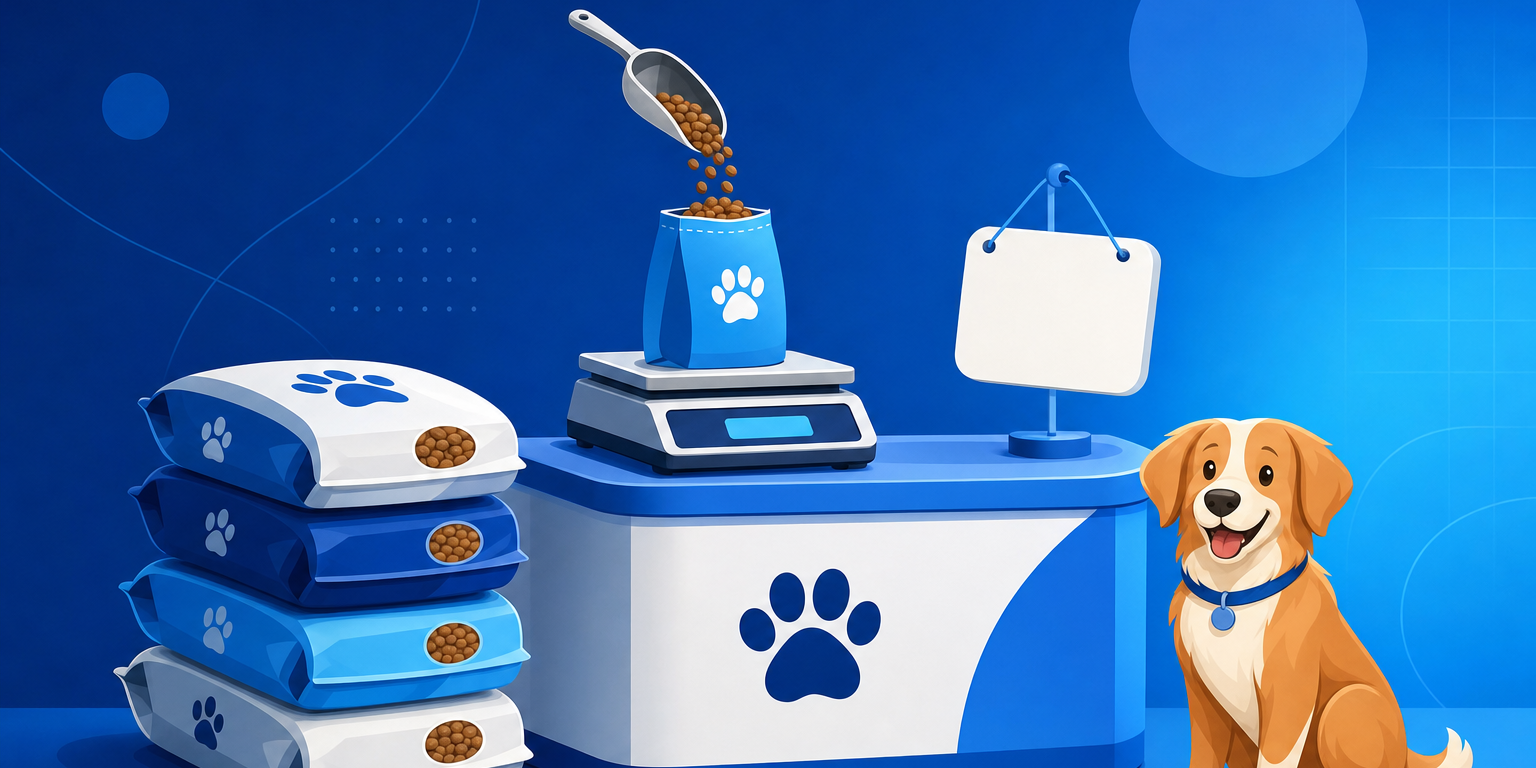 Como precificar produtos de pet shop: balcão com sacos de ração, balança e etiqueta de preço sendo calculada no sistema