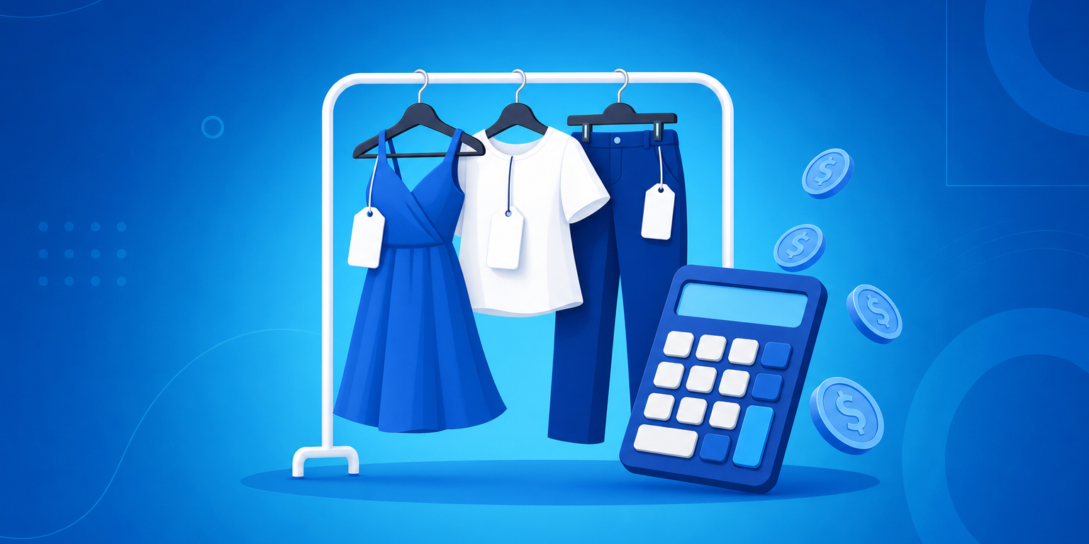 Lojista calculando o preço de venda de roupas em uma arara de loja de moda