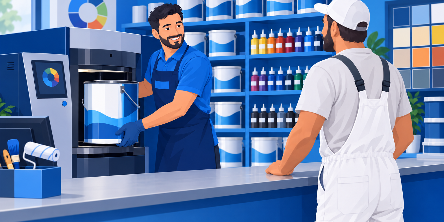 Atendente de loja de tintas tirando uma lata da máquina tintométrica diante da prateleira de bases, cena de quem precisa precificar tinta preparada na hora