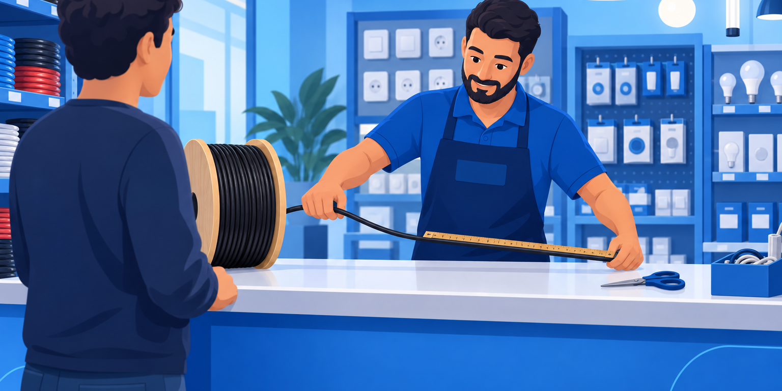 Atendente medindo cabo elétrico puxado de um rolo sobre o balcão de uma loja de materiais elétricos, ilustrando como vender por metro