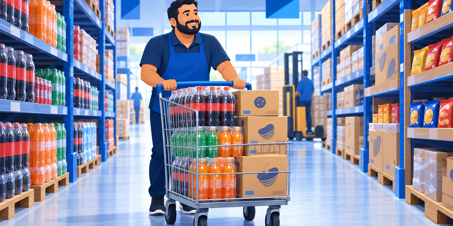 Dono de mercadinho empurrando um carrinho cheio de fardos no corredor de um atacarejo, ilustrando a decisão de comprar no atacarejo para revender