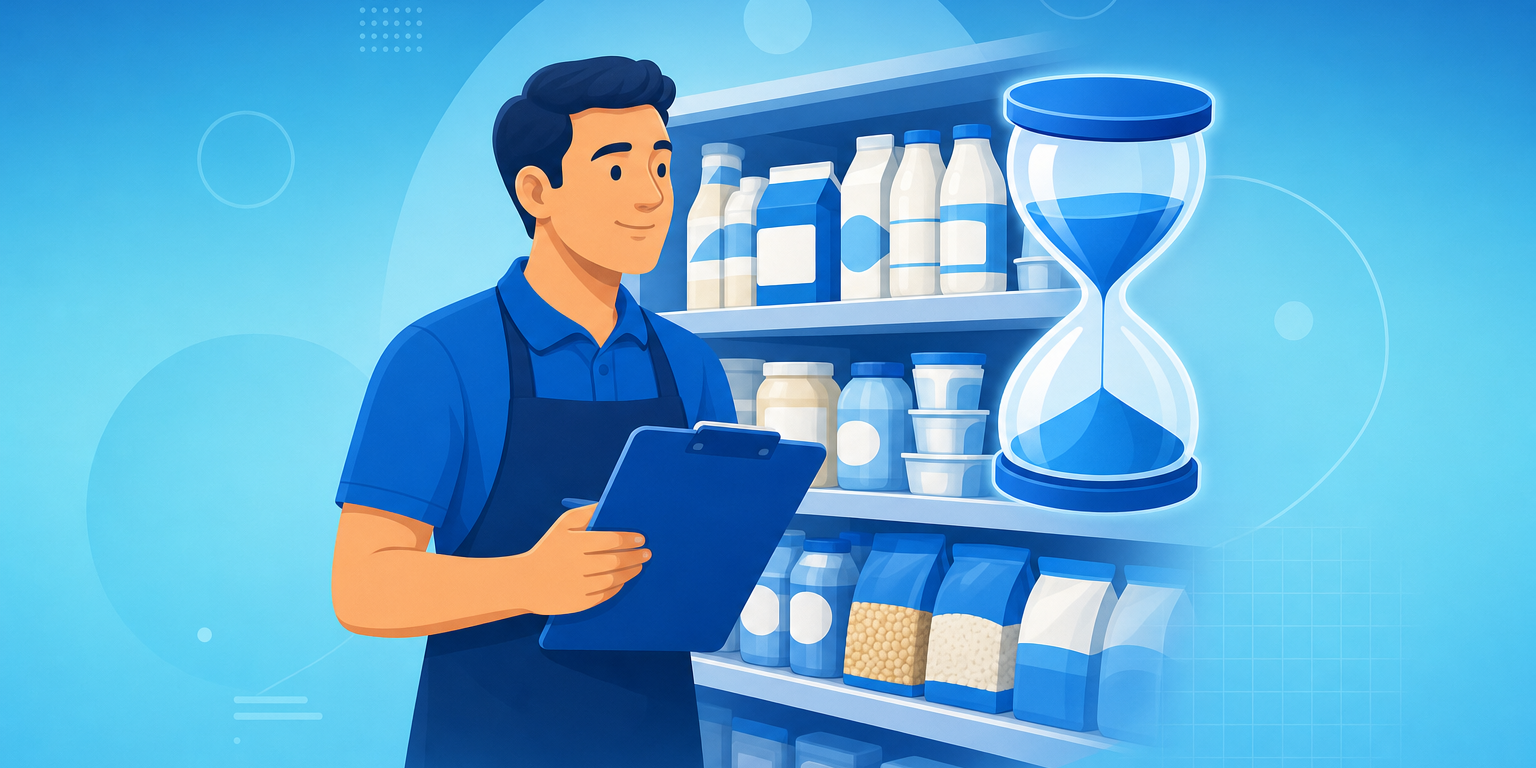 Controle de validade de produtos: lojista conferindo datas de validade nas prateleiras do mercado