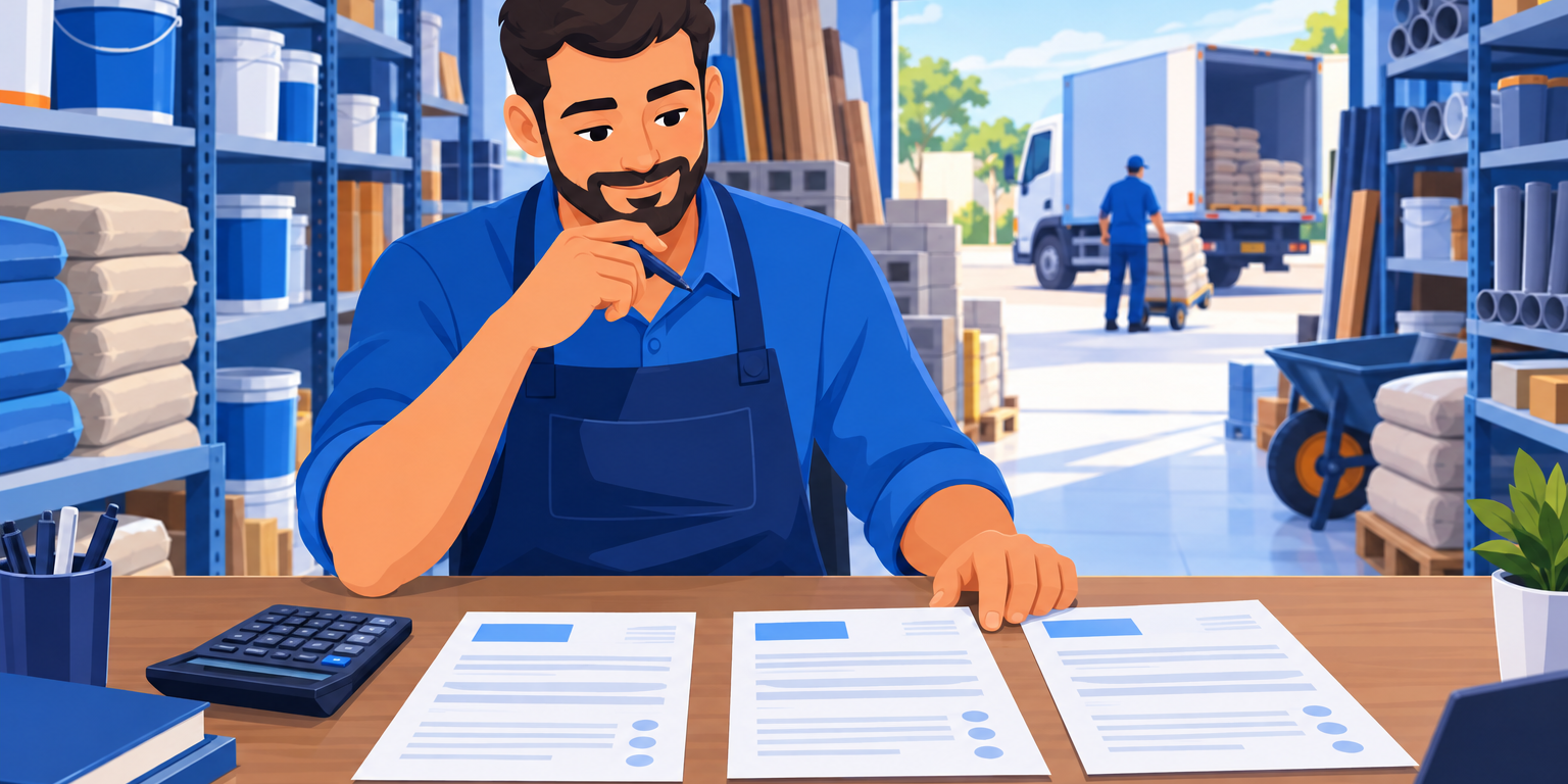 Dono de loja de material de construção comparando três orçamentos de fornecedores na mesa do escritório