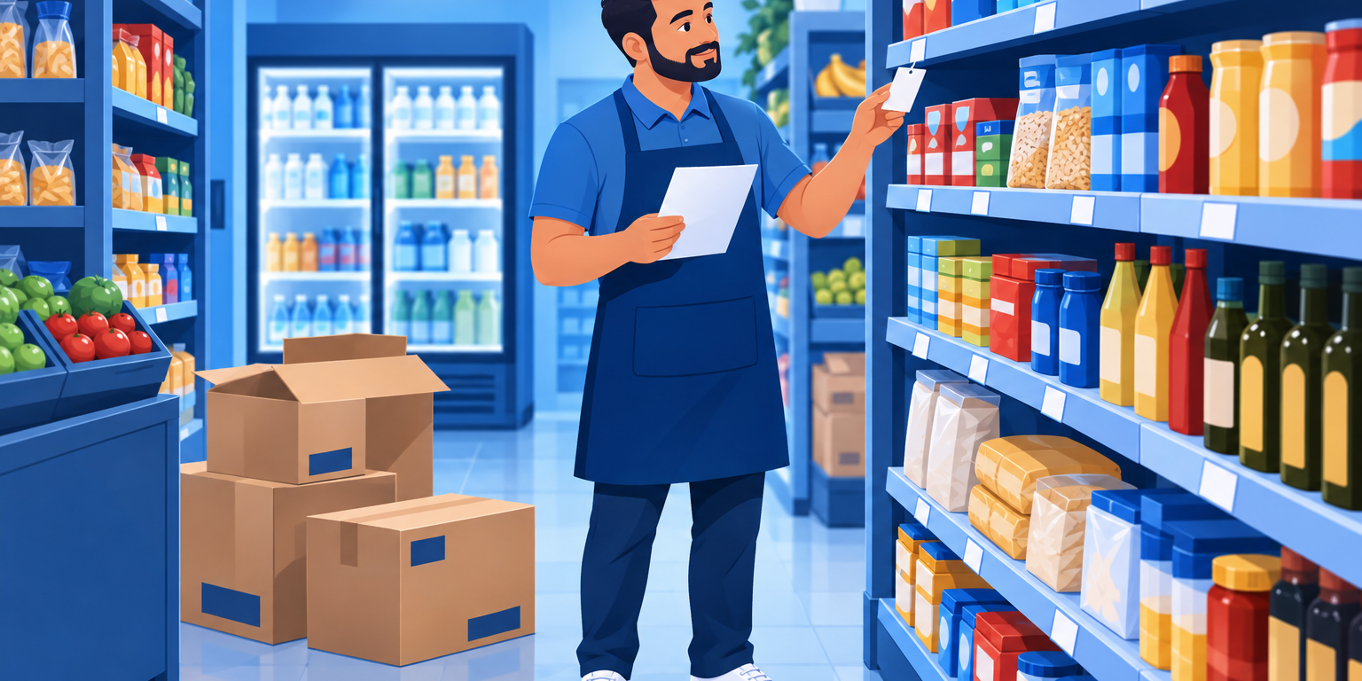 Dono de mercadinho conferindo a nota do fornecedor ao lado da prateleira com a etiqueta de preço na mão, ilustrando custo médio ponderado e custo de reposição