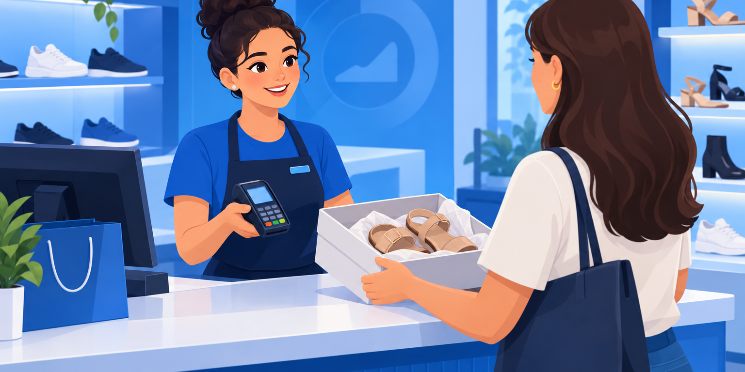 Operadora de caixa passando o cartão do cliente na maquininha para fazer o estorno de uma compra devolvida na loja