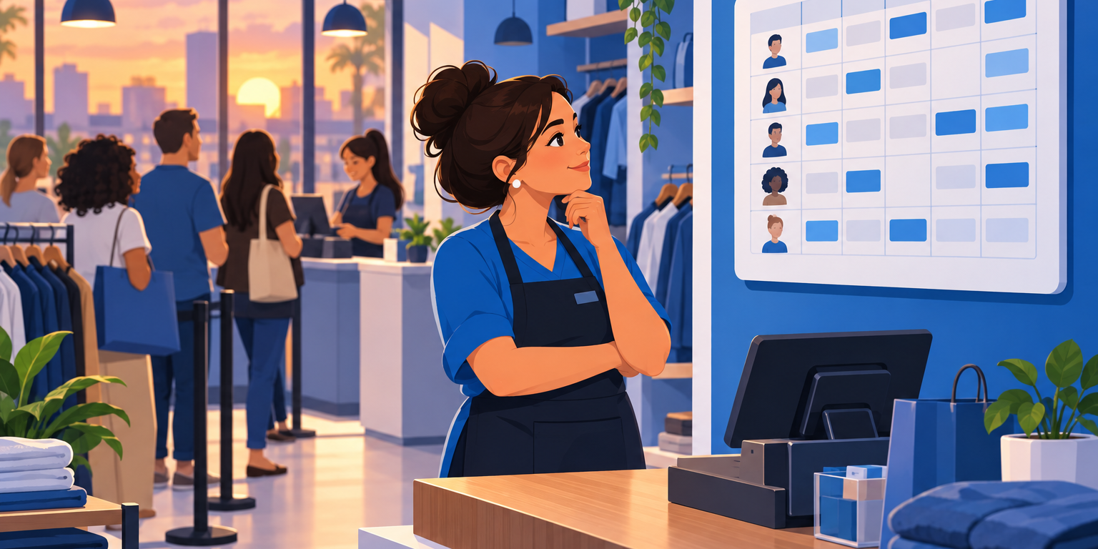 Dona de loja olhando a escala da equipe num quadro atrás do balcão enquanto a fila do caixa cresce, ilustrando a escolha entre hora extra ou contratar mais um funcionário
