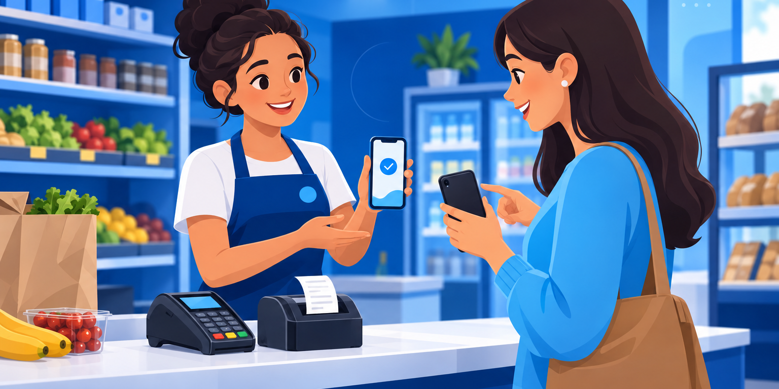 Operadora de caixa mostrando o cupom da NFC-e no celular para a cliente, com a impressora térmica ao lado