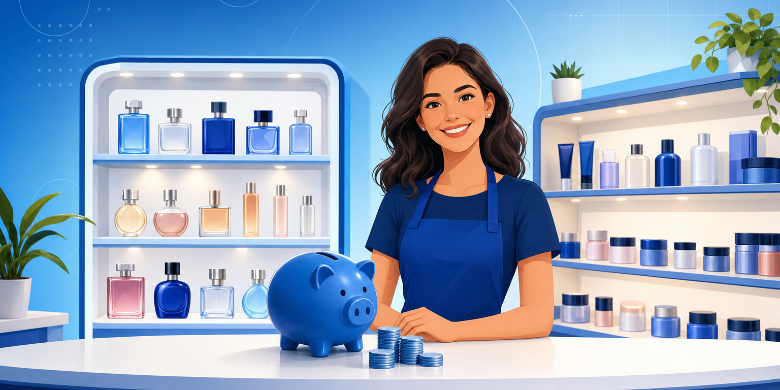 Interior de uma perfumaria de bairro nova com vitrines iluminadas de perfumes, prateleiras de cosméticos e balcão com caixa, representando o investimento para abrir uma perfumaria