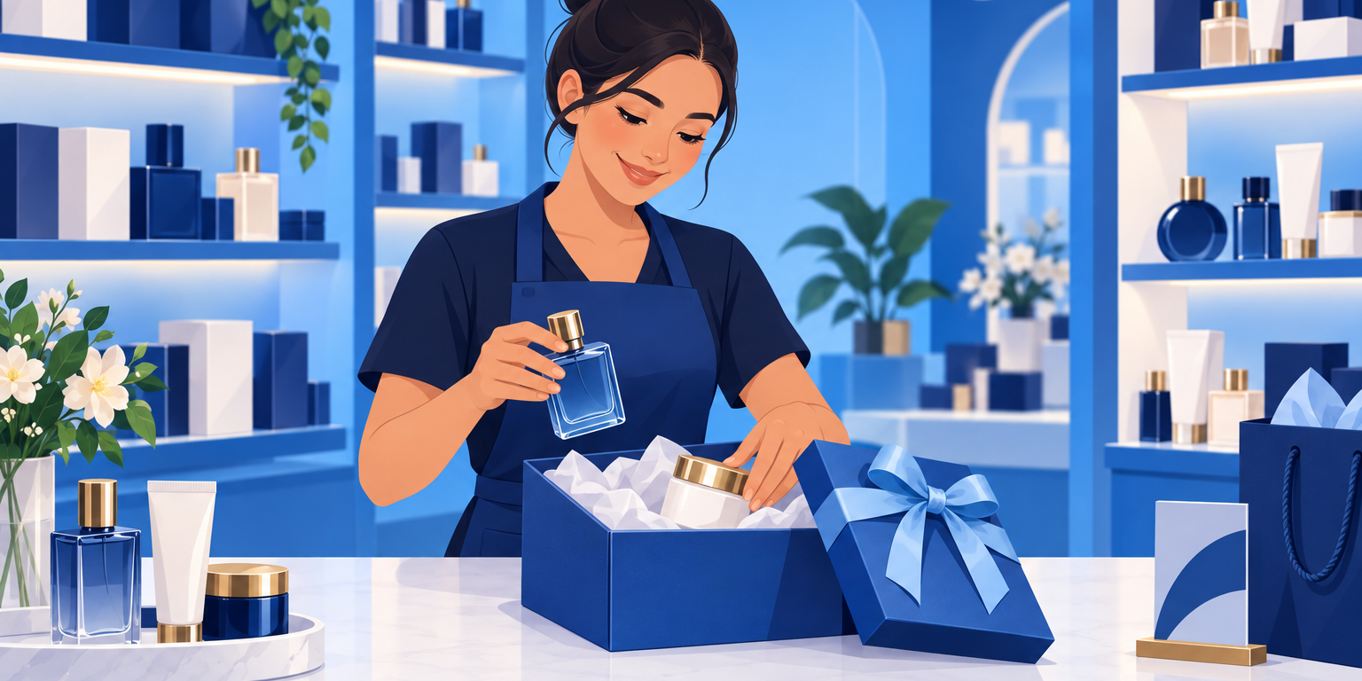 Atendente montando um kit de produtos com perfume, hidratante e caixa de presente no balcão de uma perfumaria
