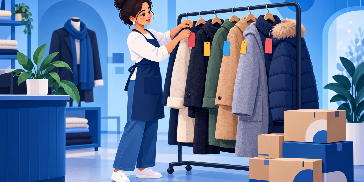 Dona de loja de roupas trocando as etiquetas de preço das peças de inverno numa arara de liquidação enquanto caixas da coleção nova esperam no chão