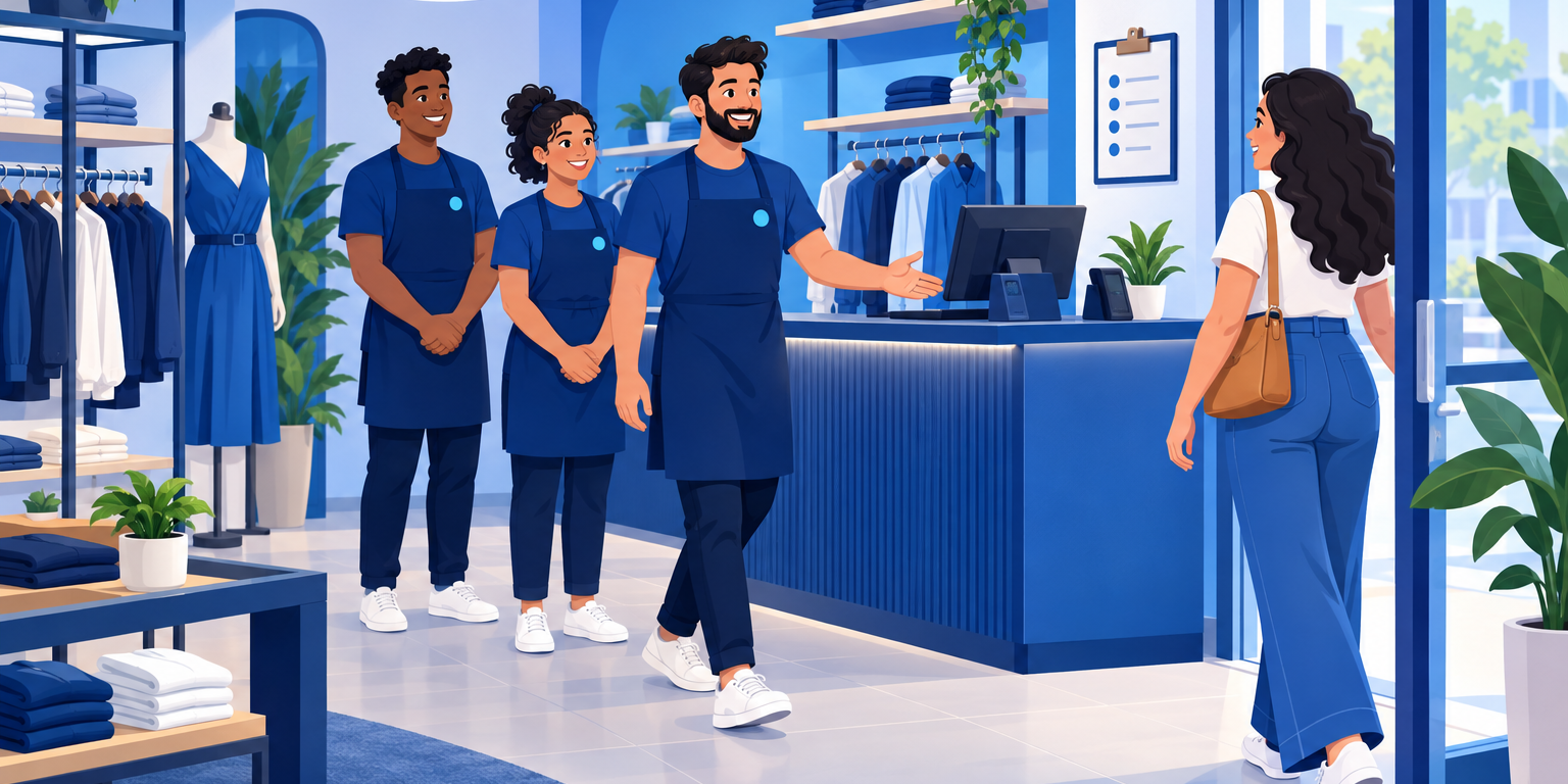 Vendedores de uma loja de roupas conferindo a lista da vez numa prancheta ao lado do balcão