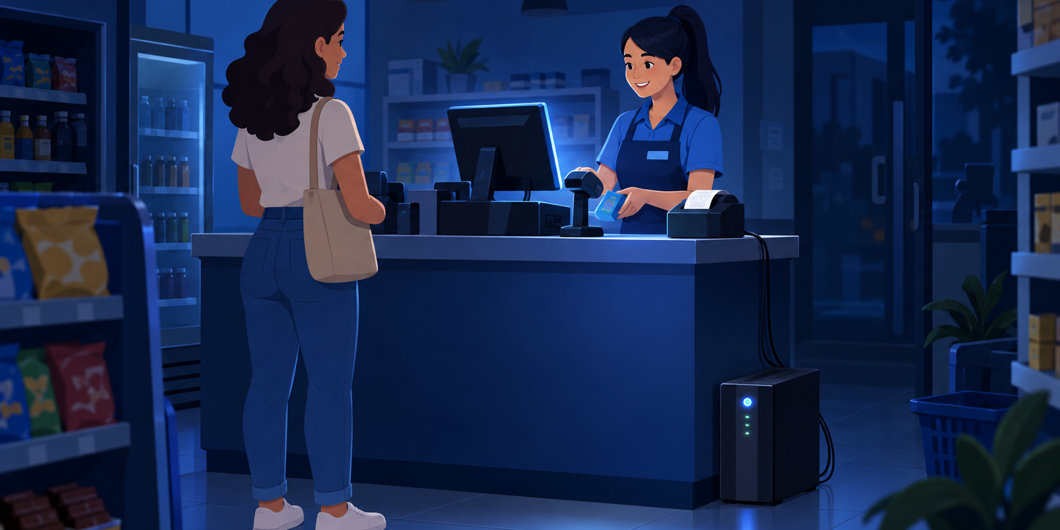 Caixa de loja de bairro no escuro com o computador do PDV e a impressora acesos ligados a um nobreak, operadora finalizando a venda para a cliente, ilustrando nobreak para PDV