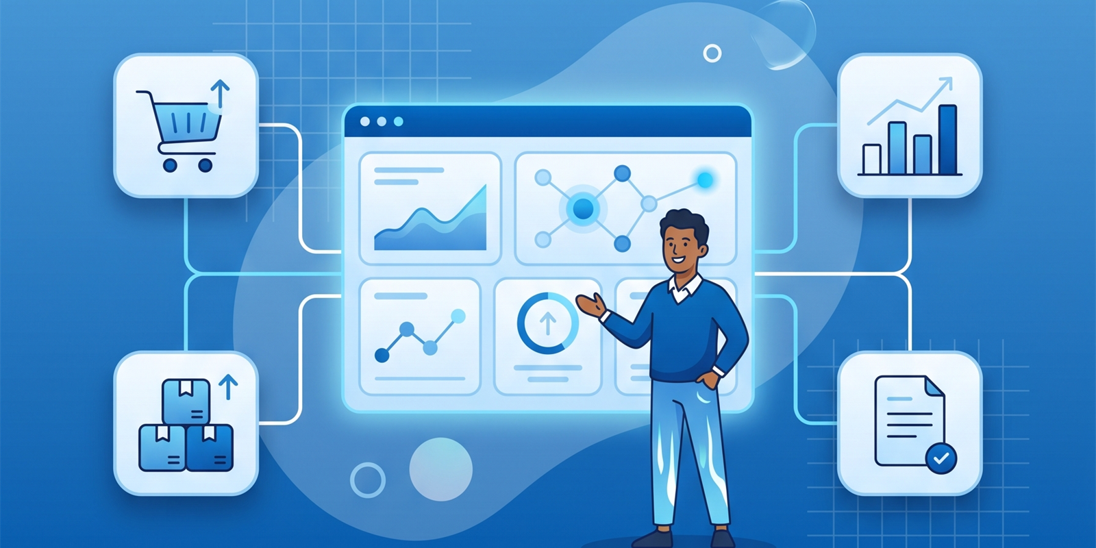 Empreendedor acompanhando a gestão do negócio em um painel de sistema ERP
