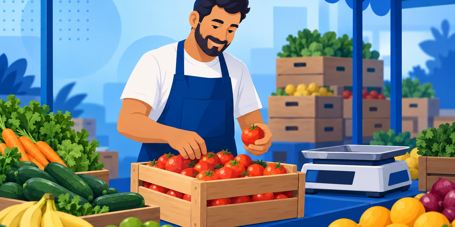 Dono de hortifruti separando tomates maduros de uma caixa na banca, com a balança ao lado, ilustrando a perda no hortifruti