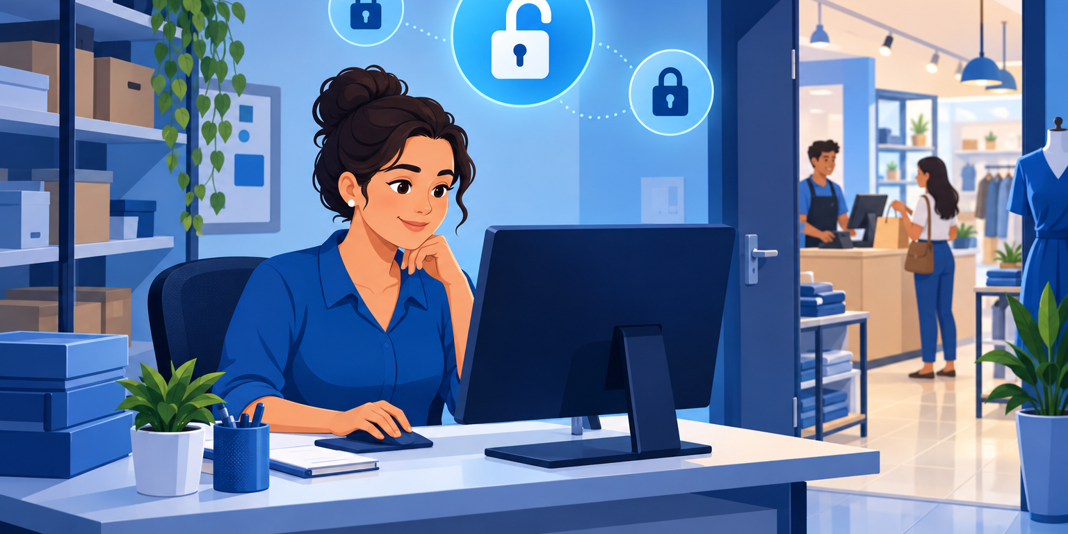 Dona de loja configurando as permissões de usuário do sistema no computador do escritório, com a equipe atendendo no salão ao fundo