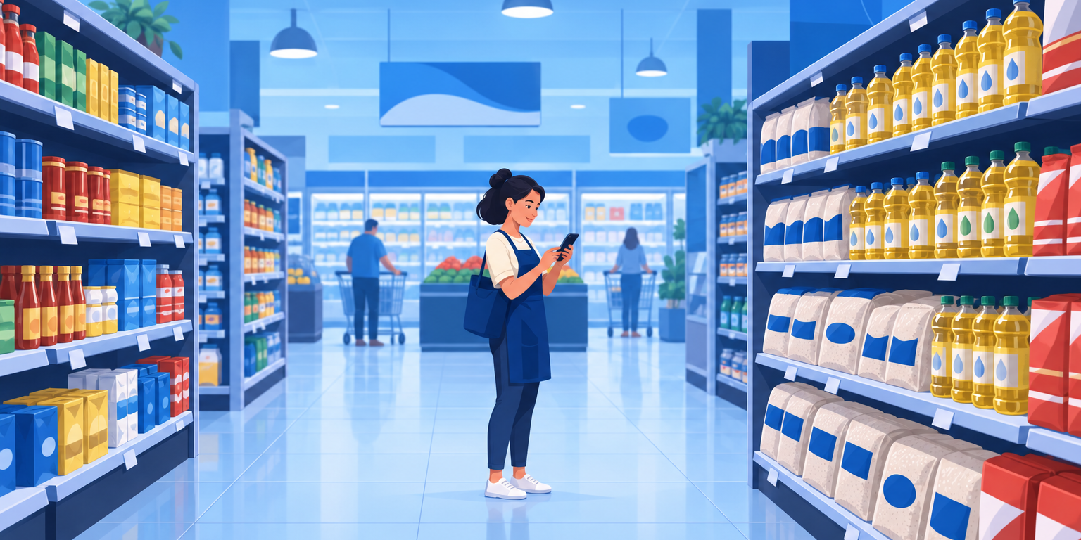 Dona de loja anotando no celular os preços de uma gôndola de supermercado concorrente, ilustrando a pesquisa de preço da concorrência