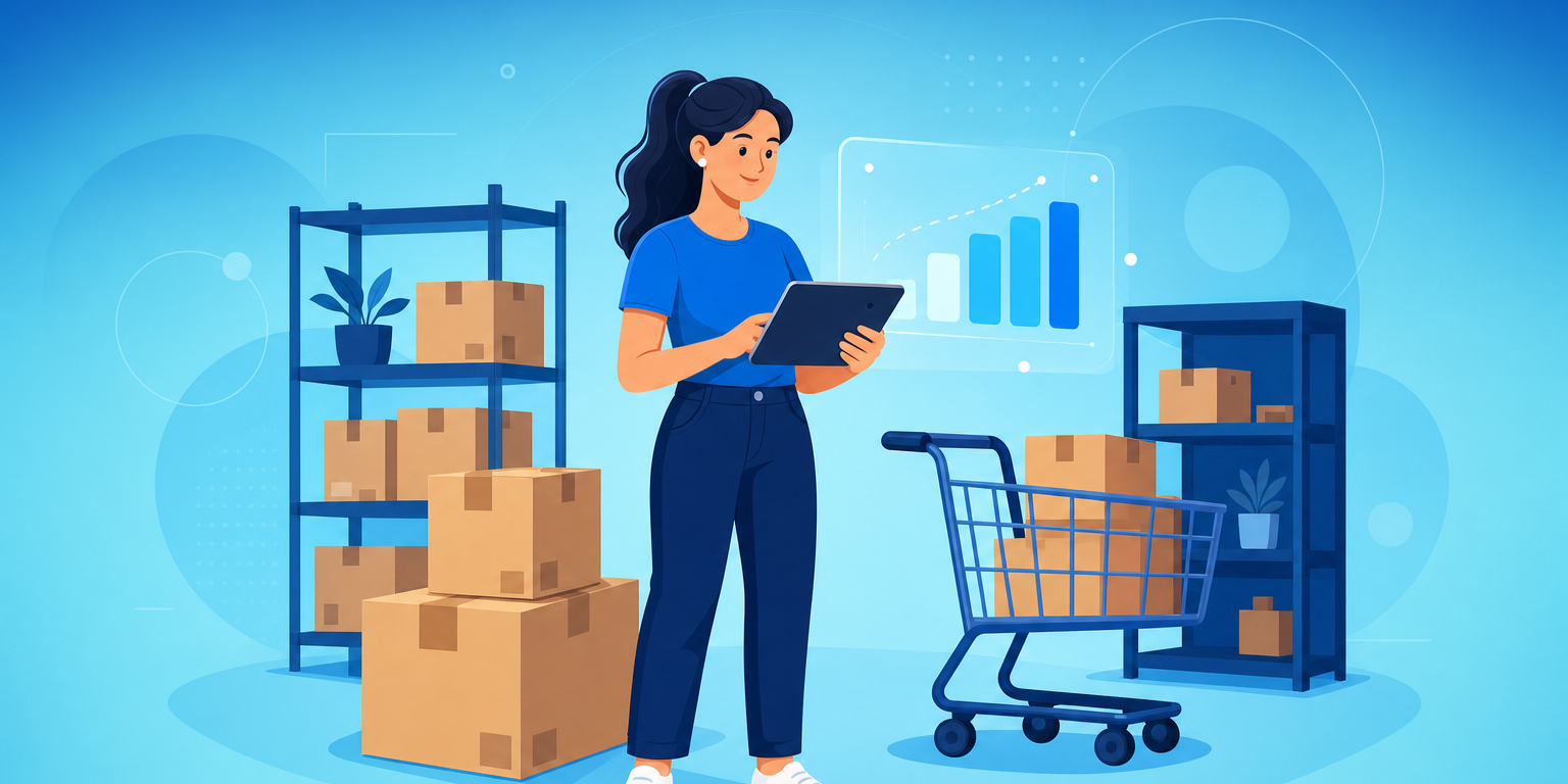 Lojista fazendo o planejamento de compras de estoque com sistema de gestão e caixas no depósito