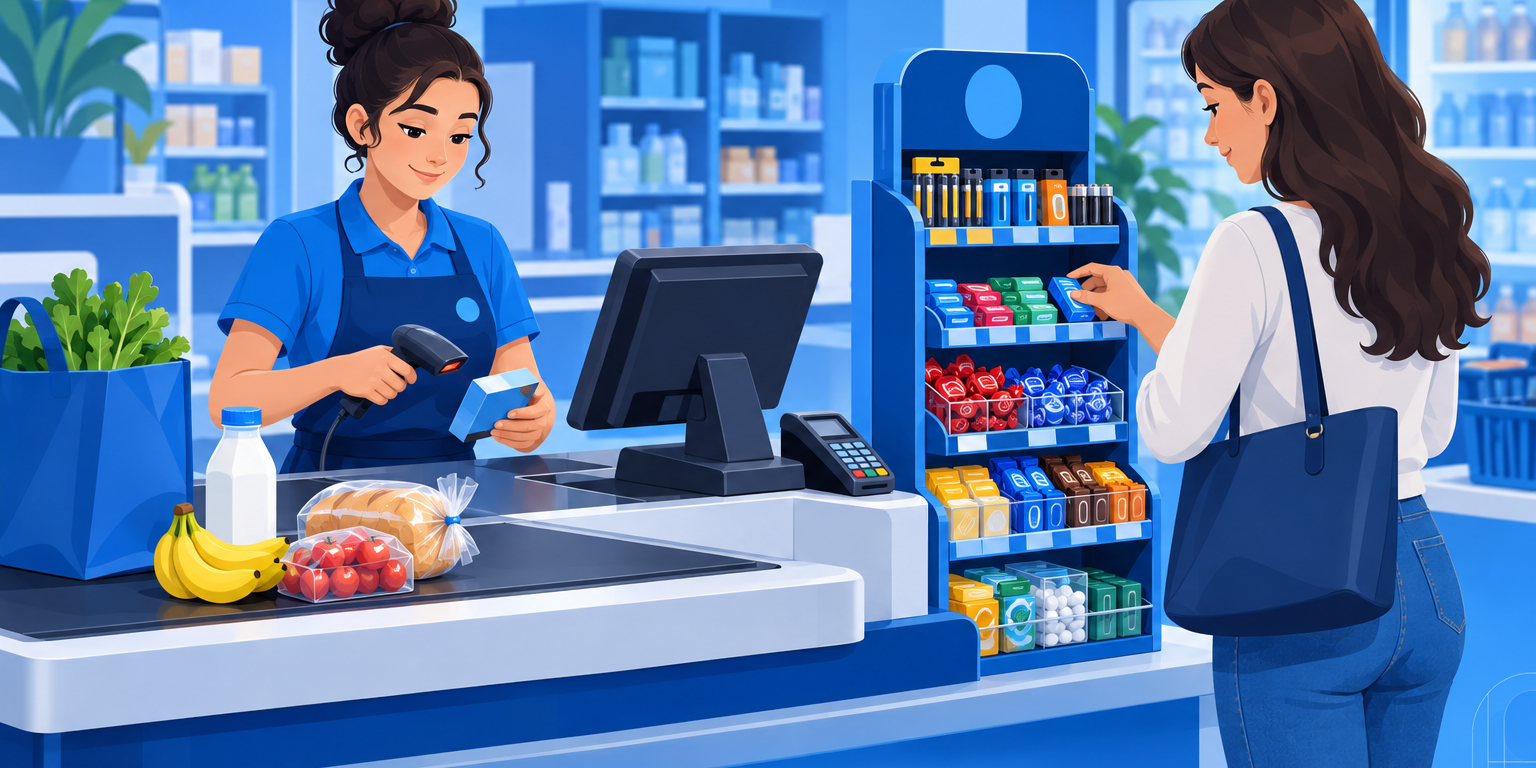 Cliente pegando um item do expositor ao lado do caixa de um mercadinho enquanto a operadora registra a compra, ilustrando produtos de impulso no caixa