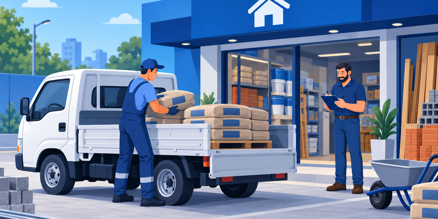 Caminhão pequeno sendo carregado com sacos de cimento na frente de uma loja de material de construção, ilustrando quanto cobrar pela entrega