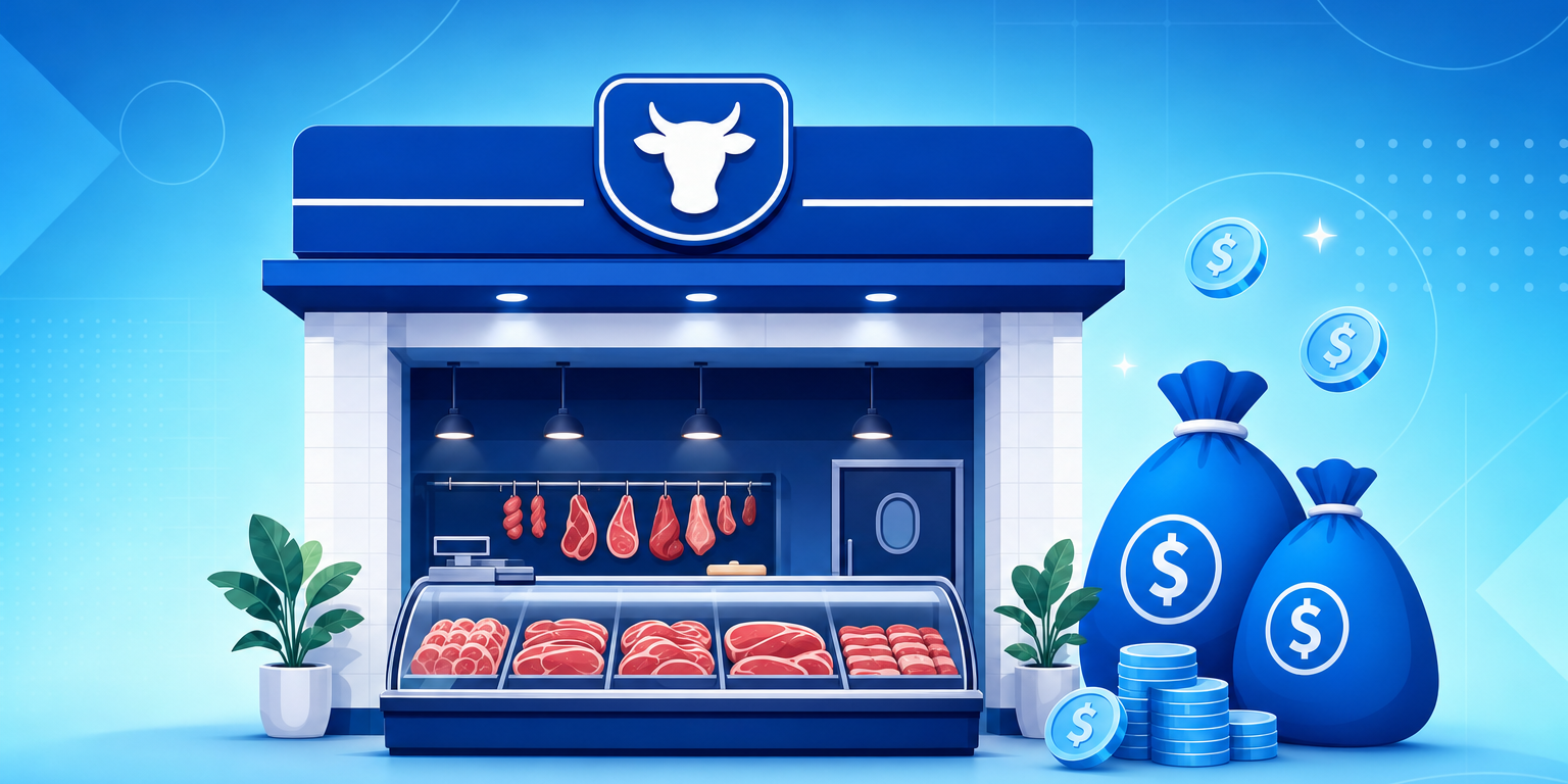 Balcão frigorífico e equipamentos de um açougue novo, representando o investimento para abrir um açougue