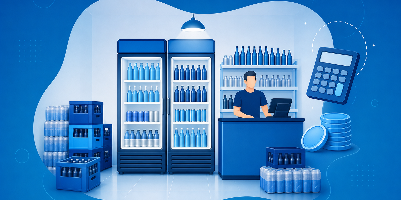 Interior de um depósito de bebidas de bairro com expositores refrigerados, fardos empilhados e balcão de atendimento, representando quanto custa abrir um depósito de bebidas
