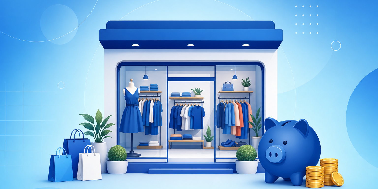 Araras de roupas e balcão de uma loja nova, representando o investimento para abrir uma loja de roupas