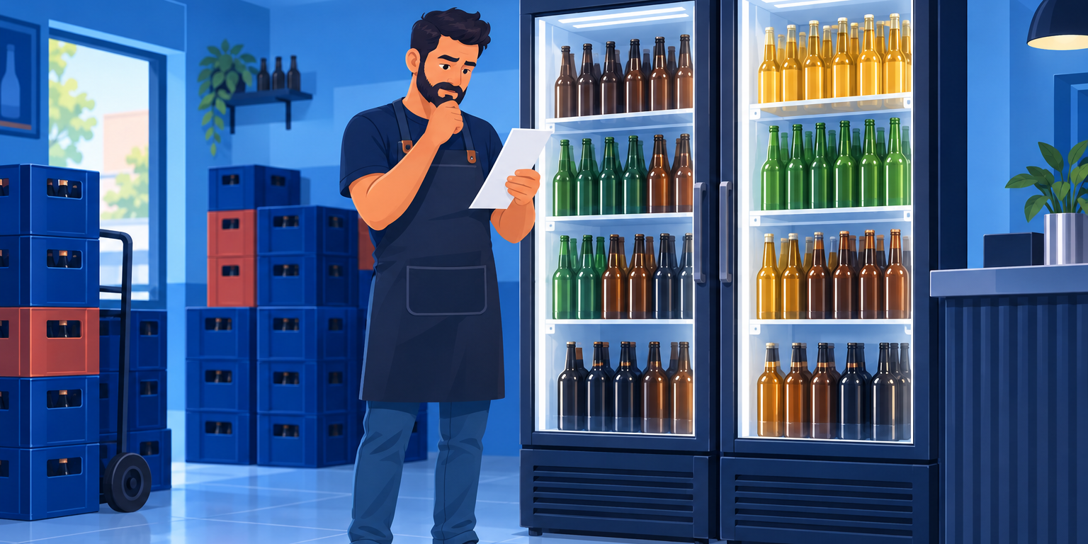 Dono de depósito de bebidas conferindo a conta de luz ao lado de dois freezers expositores cheios de garrafas