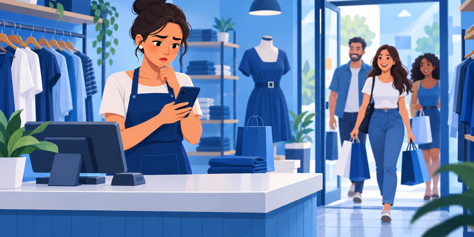 Dona de loja no balcão olhando o celular com um anúncio da própria loja enquanto clientes novos entram pela porta, ilustrando quanto investir em marketing na loja