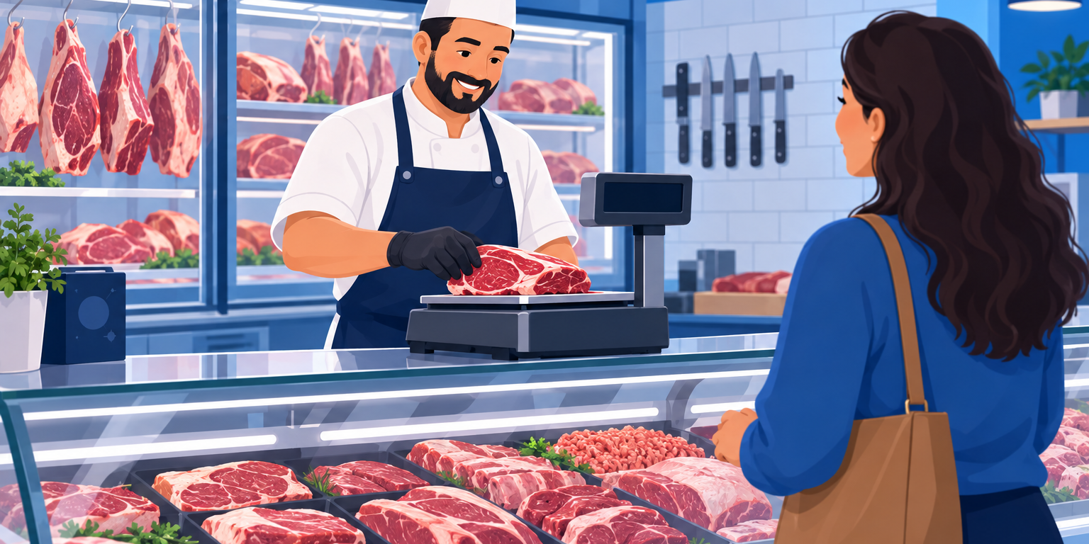 Açougueiro pesando carne na balança do balcão de um açougue de bairro, com a vitrine refrigerada ao fundo, ilustrando quanto lucra um açougue