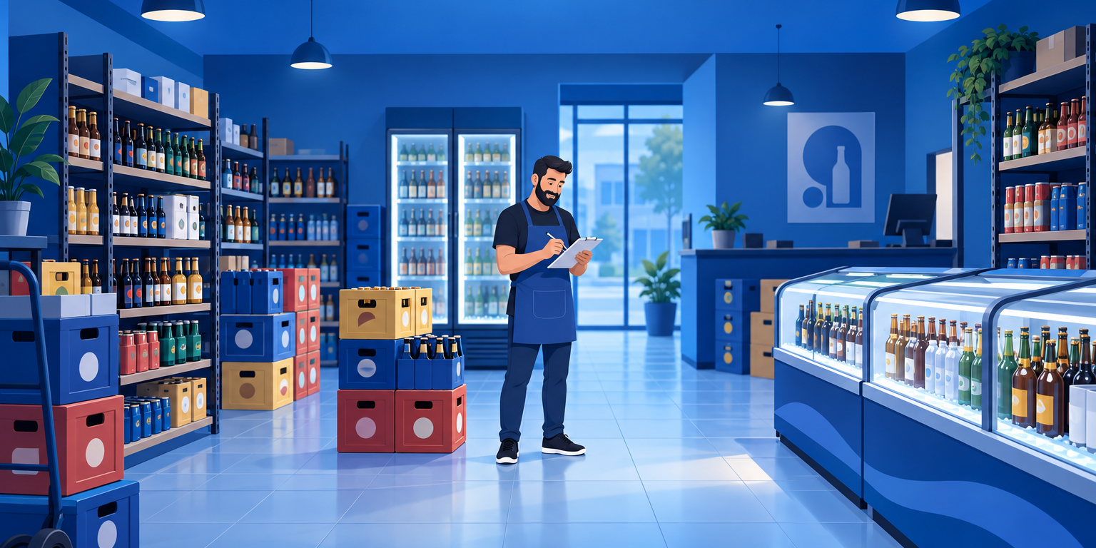 Dono de depósito de bebidas conferindo fardos de cerveja ao lado do freezer expositor, ilustrando quanto lucra um depósito de bebidas