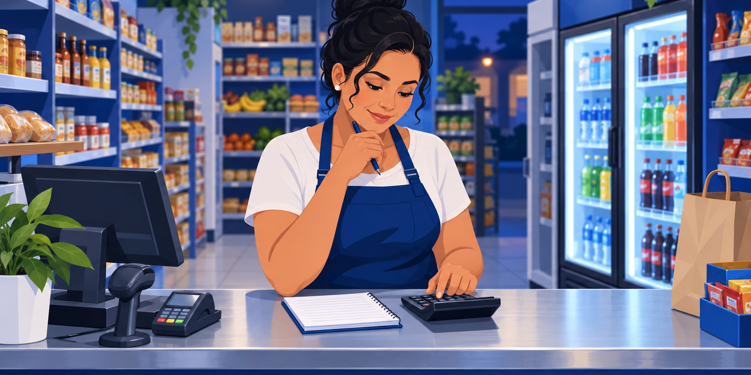 Dona de mercadinho de bairro conferindo o relatório do mês no balcão, entre a gôndola de mercearia e a geladeira de bebidas, ilustrando quanto lucra um mercadinho