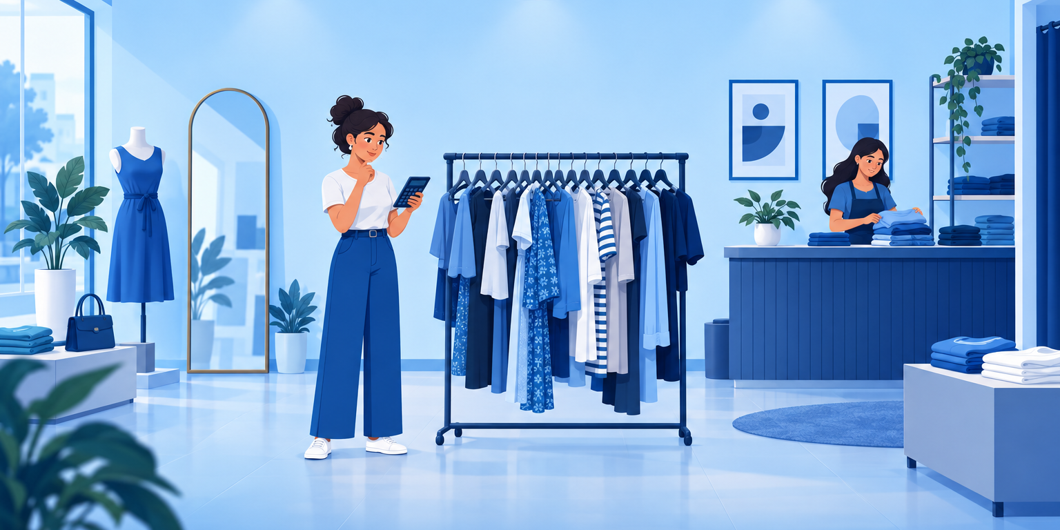 Dona de loja de roupas conferindo a arara da coleção que sobrou, com a calculadora na mão, ilustrando quanto lucra uma loja de roupas
