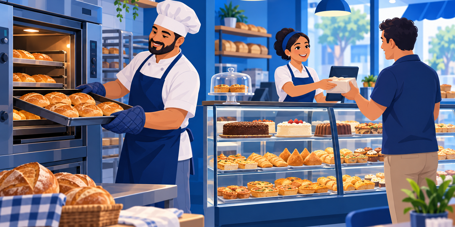 Padeiro tirando uma fornada de pão francês do forno enquanto a atendente serve no balcão de uma padaria de bairro, ilustrando quanto lucra uma padaria