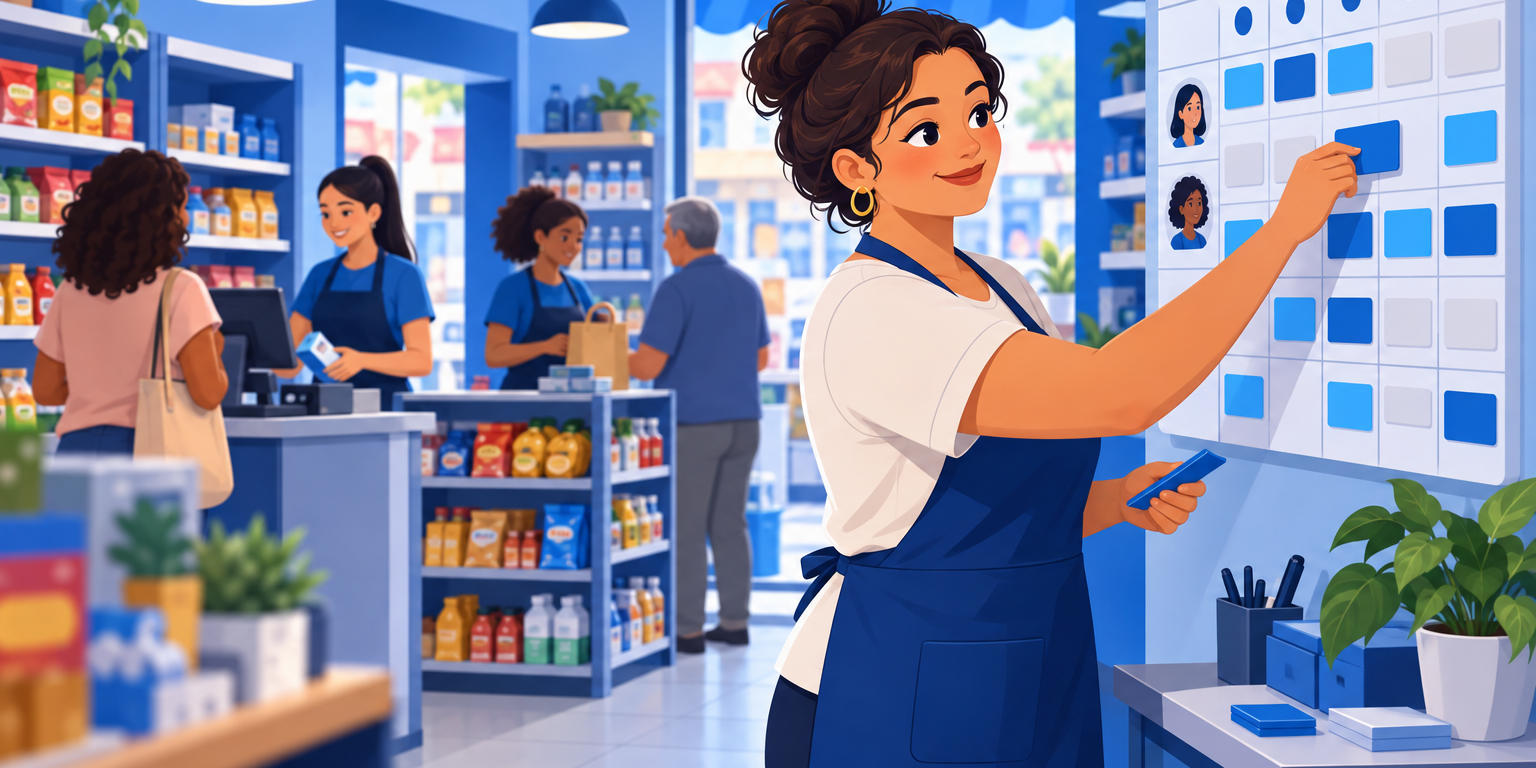 Dona de loja montando a escala da semana num quadro enquanto duas funcionárias atendem no balcão, ilustrando quantos funcionários a loja precisa