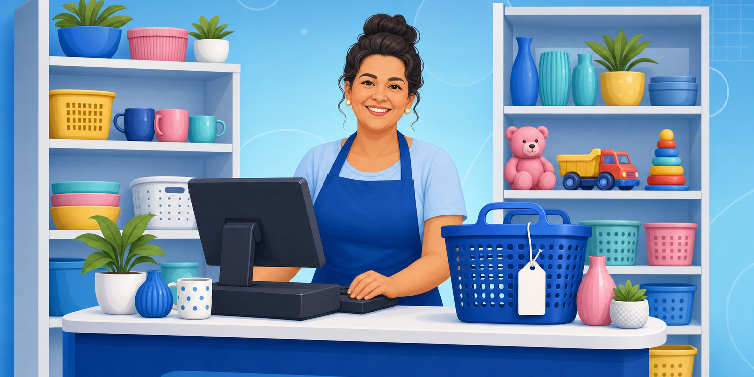 Dona de bazar usando um sistema de gestão no caixa com prateleiras de utilidades e variedades