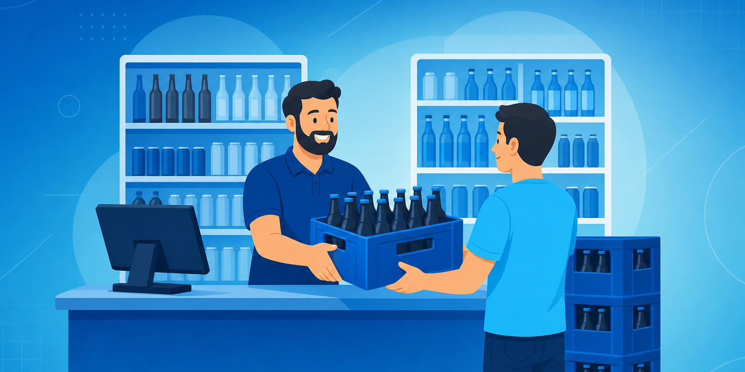 Dono de depósito de bebidas registrando venda de engradados no sistema de gestão do balcão