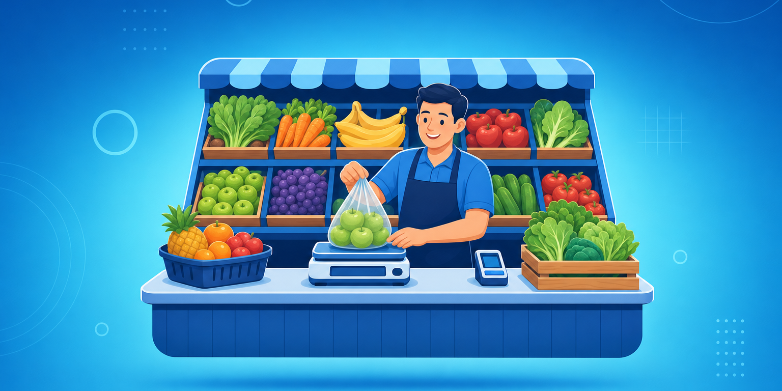 Dono de hortifruti pesando frutas na balança integrada ao sistema de gestão no caixa
