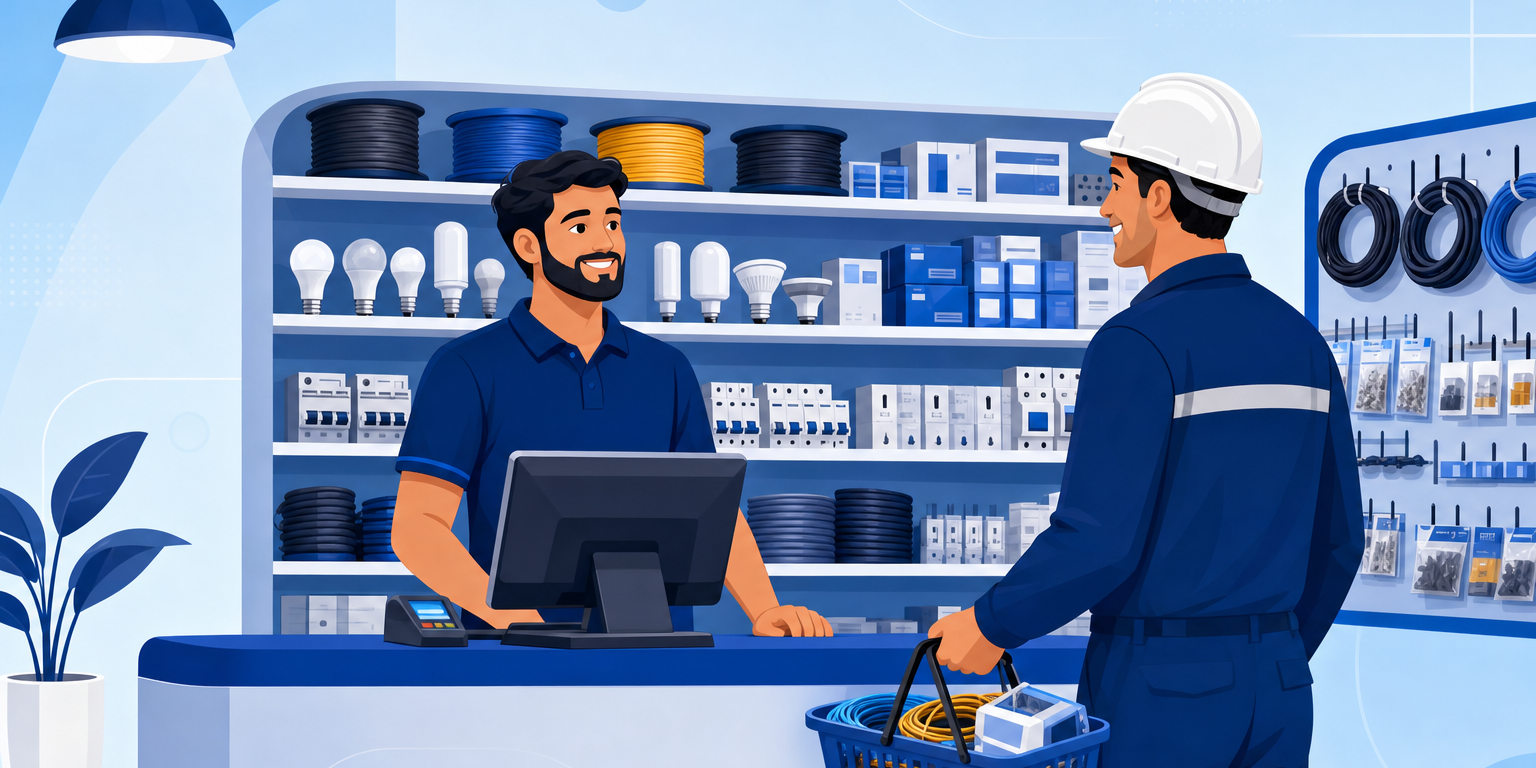 Balcão de uma loja de materiais elétricos usando sistema de gestão com PDV
